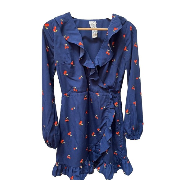 Sadie & Sage Women's Ruffled Cherry Print Faux-Wrap Dress Size Small Long Sleeve - Picture 2 of 7